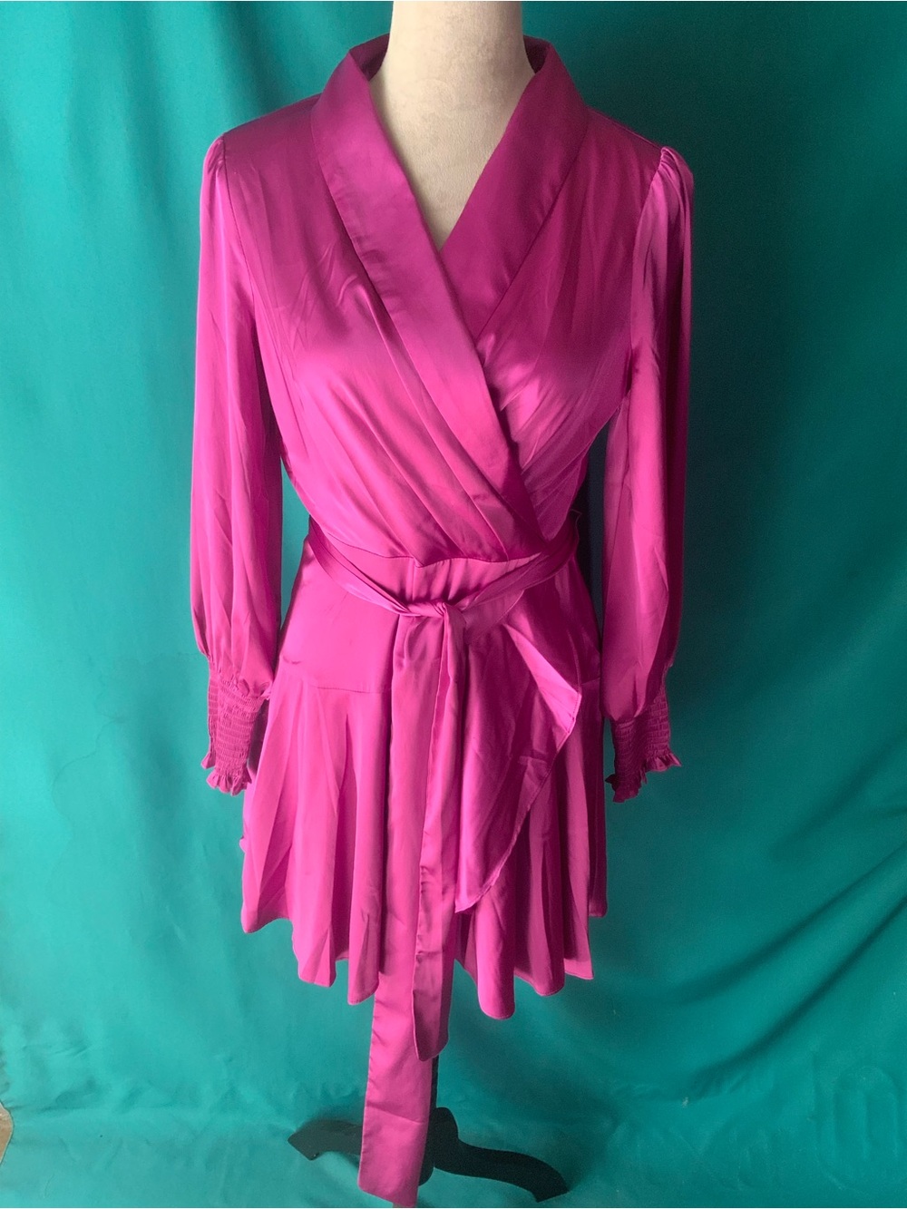 Fate Magenta Satin Wrap, Self Tie Mini Dress